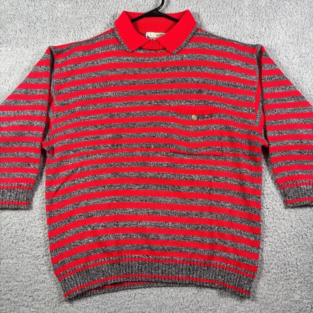 Vtg Hollywood &‎ Vine Red Gray Striped Mock Neck Sweater Button Detail Women's L
